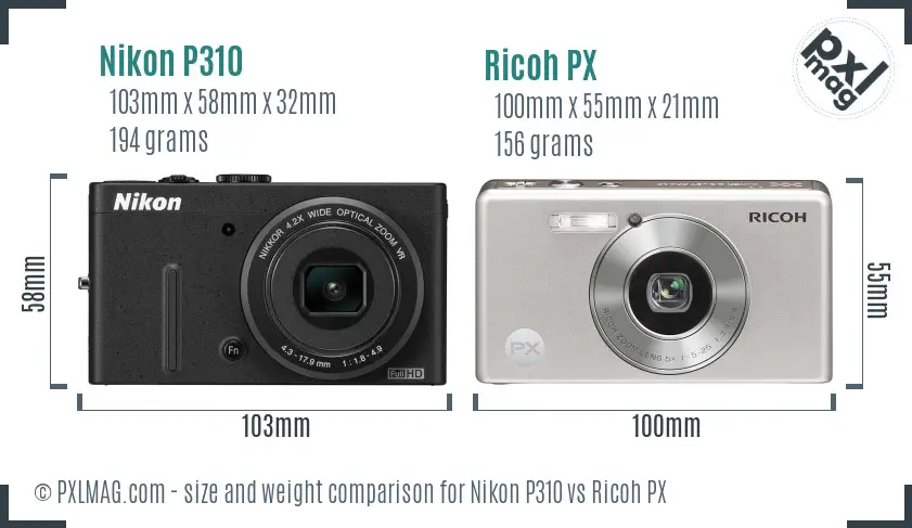 Nikon P310 vs Ricoh PX size comparison