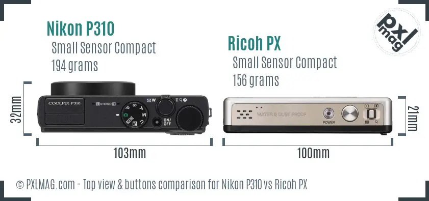 Nikon P310 vs Ricoh PX top view buttons comparison