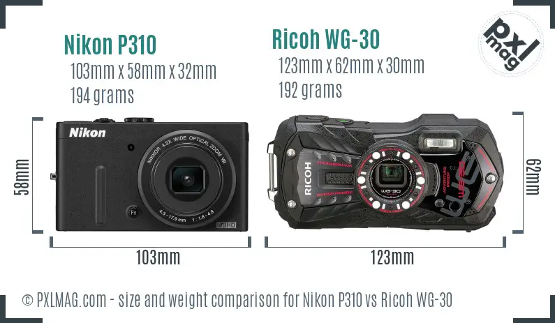 Nikon P310 vs Ricoh WG-30 size comparison Nikon P310 vs Ricoh WG-30 size comparison