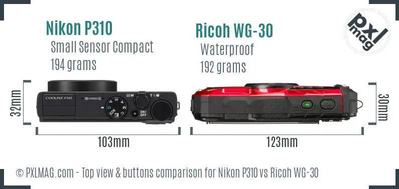 Nikon P310 vs Ricoh WG-30 top view buttons comparison Nikon P310 vs Ricoh WG-30 top view buttons comparison