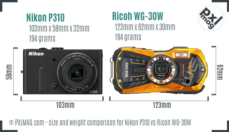 Nikon P310 vs Ricoh WG-30W size comparison