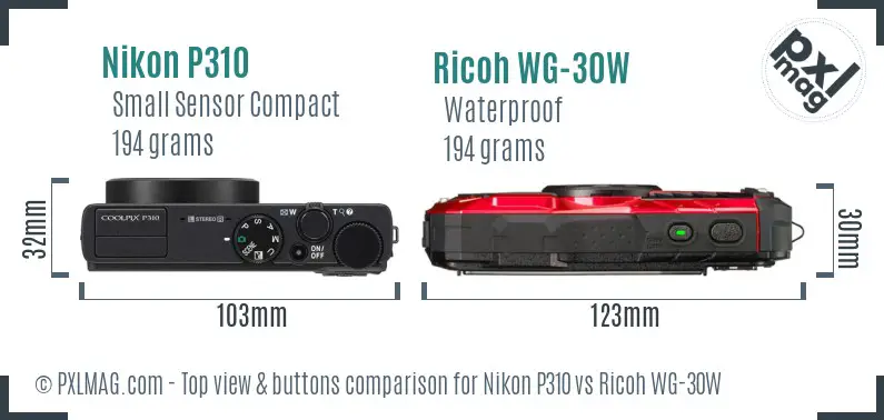 Nikon P310 vs Ricoh WG-30W top view buttons comparison