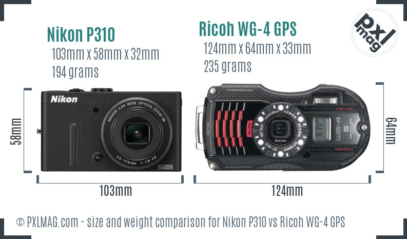 Nikon P310 vs Ricoh WG-4 GPS size comparison Nikon P310 vs Ricoh WG-4 GPS size comparison