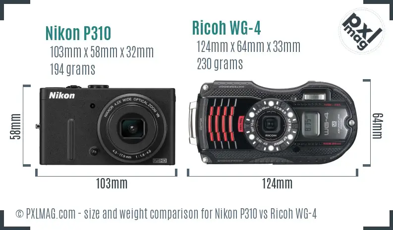 Nikon P310 vs Ricoh WG-4 size comparison