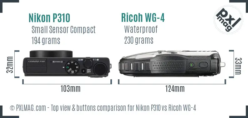 Nikon P310 vs Ricoh WG-4 top view buttons comparison