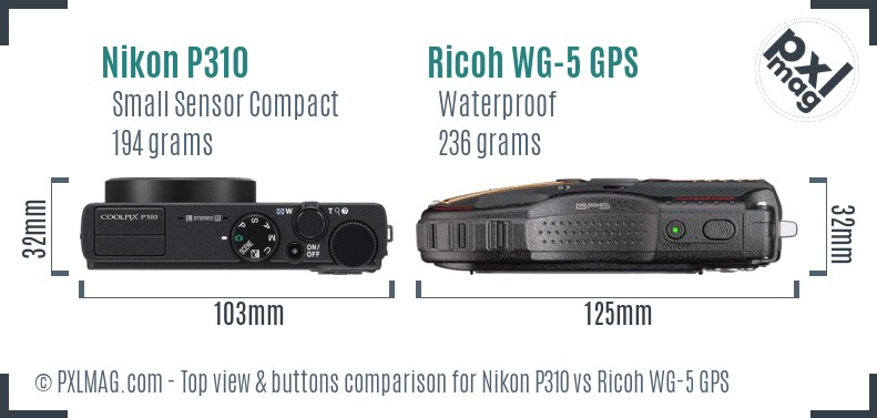 Nikon P310 vs Ricoh WG-5 GPS top view buttons comparison