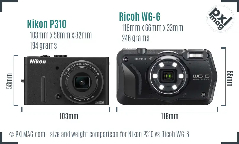 Nikon P310 vs Ricoh WG-6 size comparison