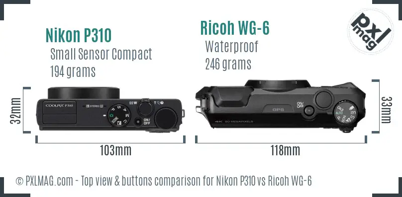 Nikon P310 vs Ricoh WG-6 top view buttons comparison