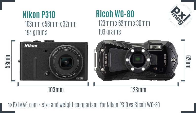 Nikon P310 vs Ricoh WG-80 size comparison