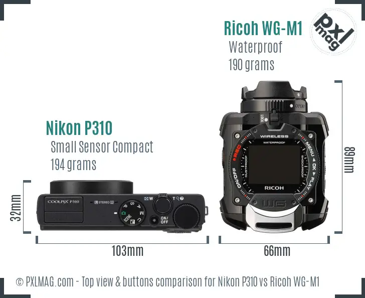 Nikon P310 vs Ricoh WG-M1 top view buttons comparison