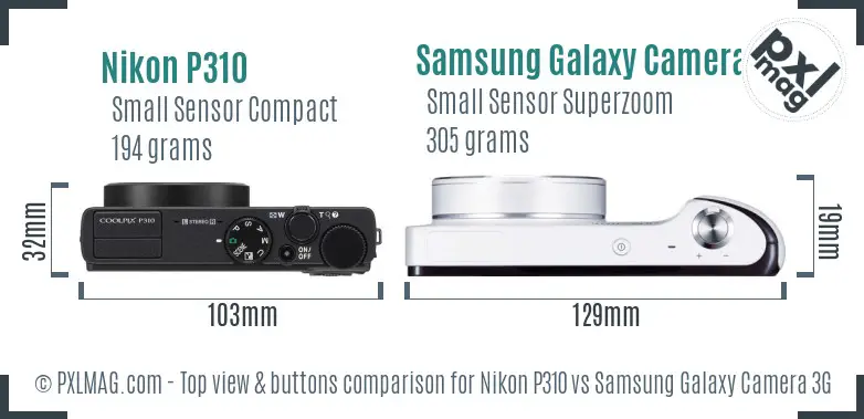 Nikon P310 vs Samsung Galaxy Camera 3G top view buttons comparison Nikon P310 vs Samsung Galaxy Camera 3G top view buttons comparison