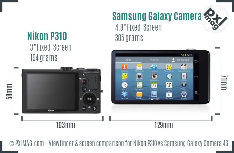 Nikon P310 vs Samsung Galaxy Camera 4G Screen and Viewfinder comparison