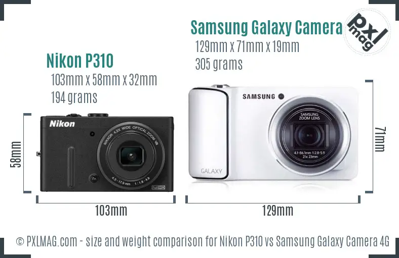 Nikon P310 vs Samsung Galaxy Camera 4G size comparison