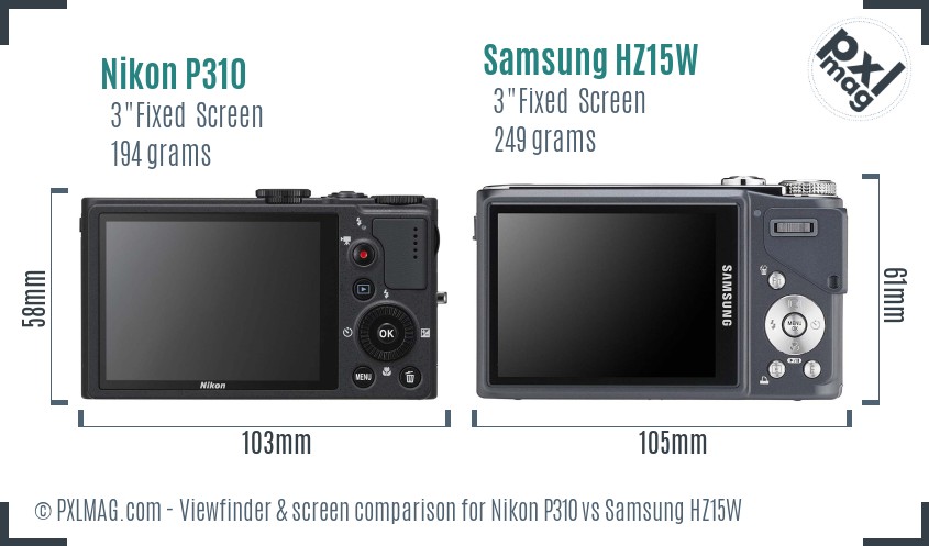 Nikon P310 vs Samsung HZ15W Screen and Viewfinder comparison