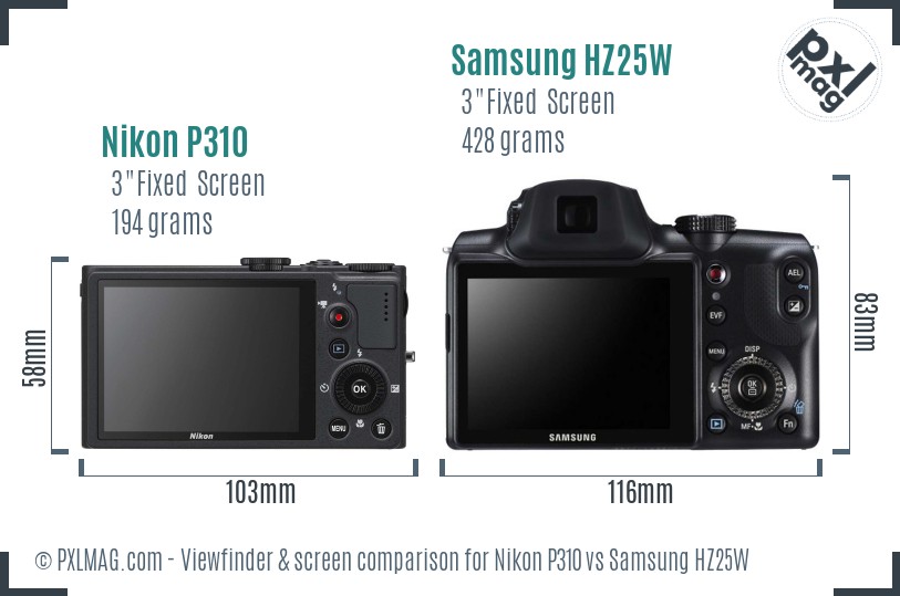 Nikon P310 vs Samsung HZ25W Screen and Viewfinder comparison