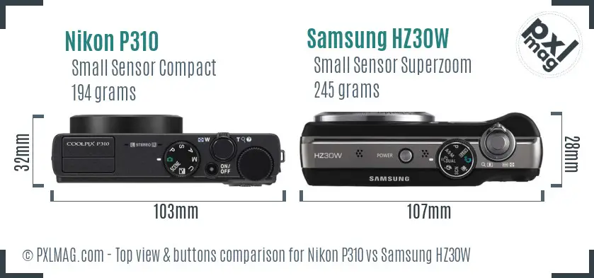 Nikon P310 vs Samsung HZ30W top view buttons comparison