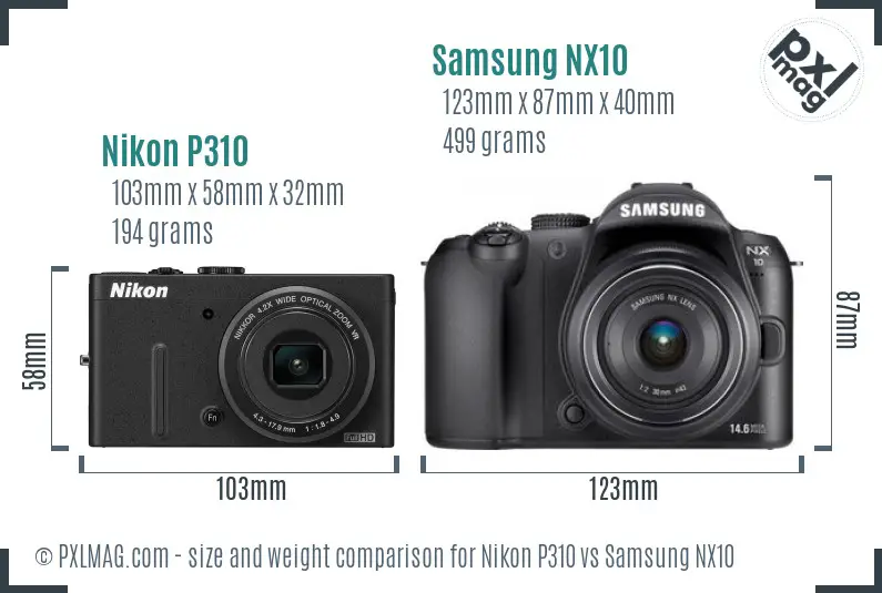 Nikon P310 vs Samsung NX10 size comparison