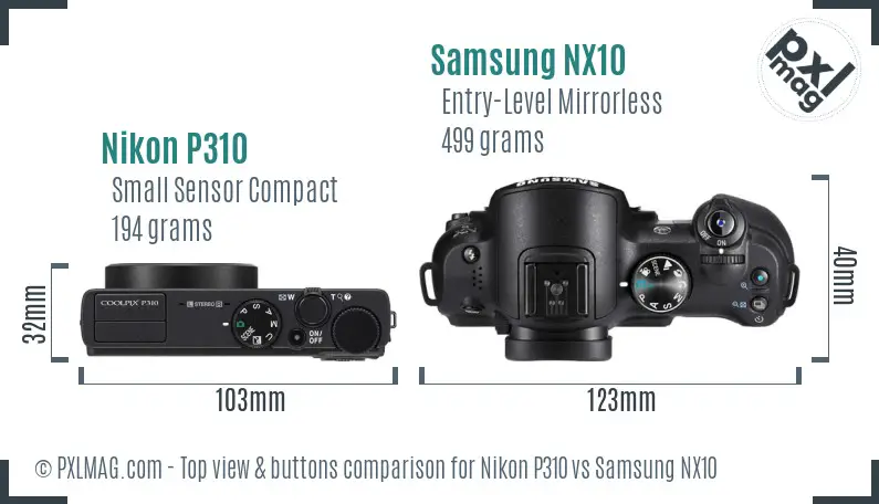Nikon P310 vs Samsung NX10 top view buttons comparison