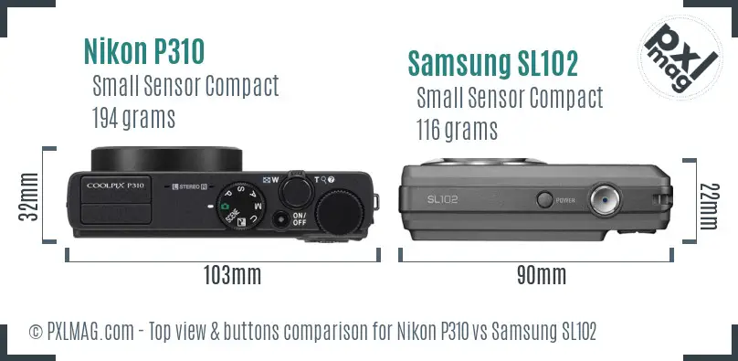 Nikon P310 vs Samsung SL102 top view buttons comparison Nikon P310 vs Samsung SL102 top view buttons comparison