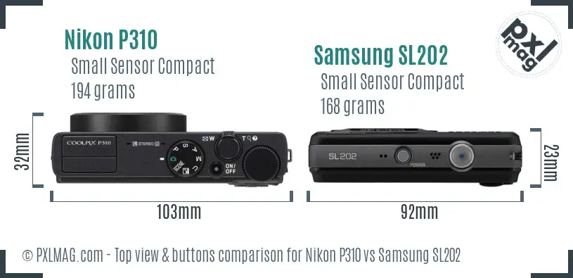 Top view design and control layout of Nikon P310 vs Samsung SL202