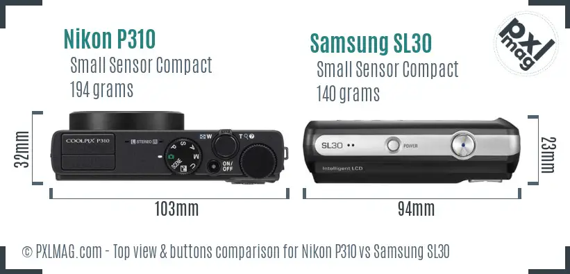 Nikon P310 vs Samsung SL30 top view buttons comparison Nikon P310 vs Samsung SL30 top view buttons comparison