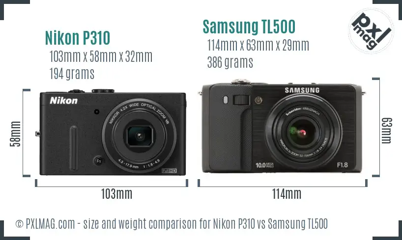 Nikon P310 vs Samsung TL500 size comparison