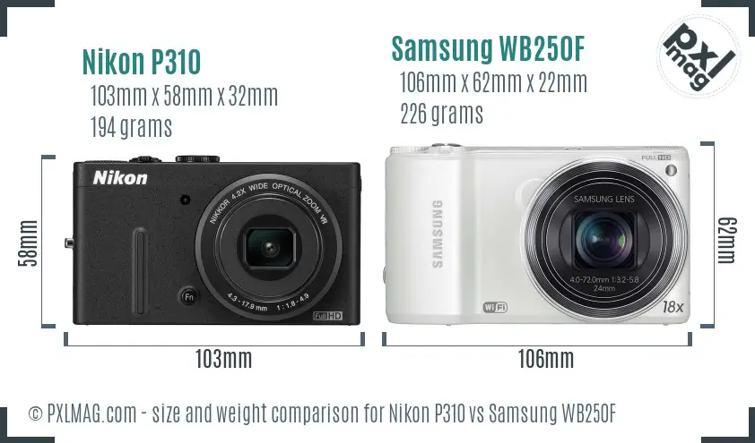 Nikon P310 vs Samsung WB250F size comparison
