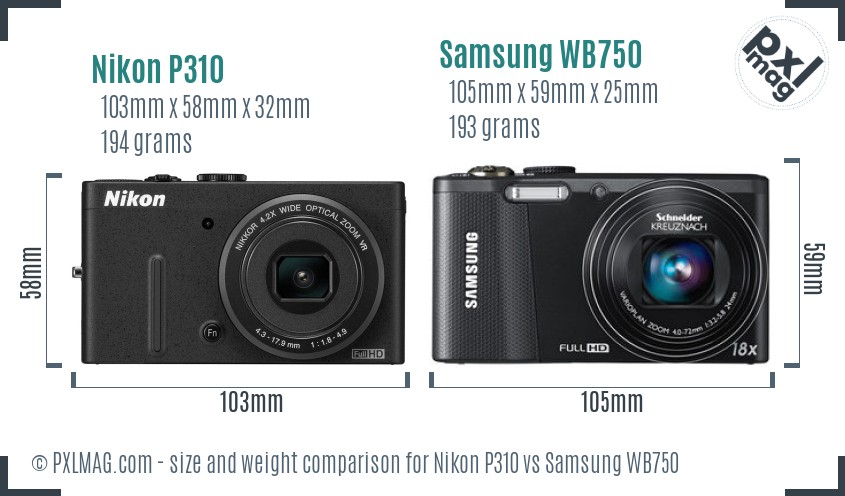 Nikon P310 vs Samsung WB750 size comparison