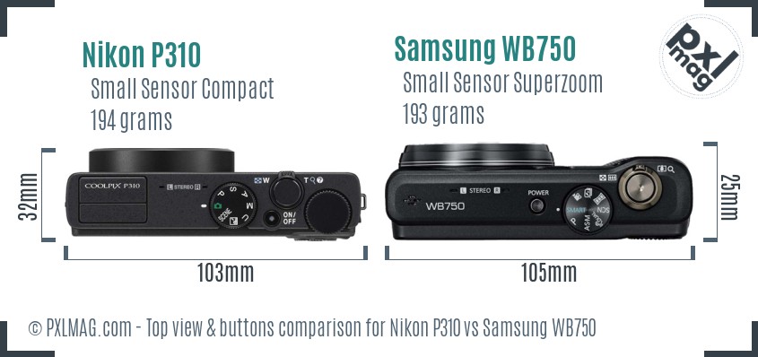 Nikon P310 vs Samsung WB750 top view buttons comparison