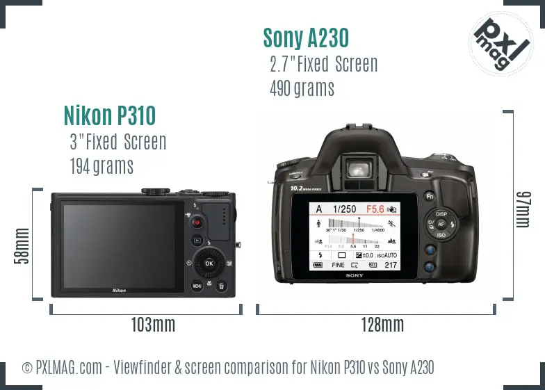 Nikon P310 vs Sony A230 Screen and Viewfinder comparison