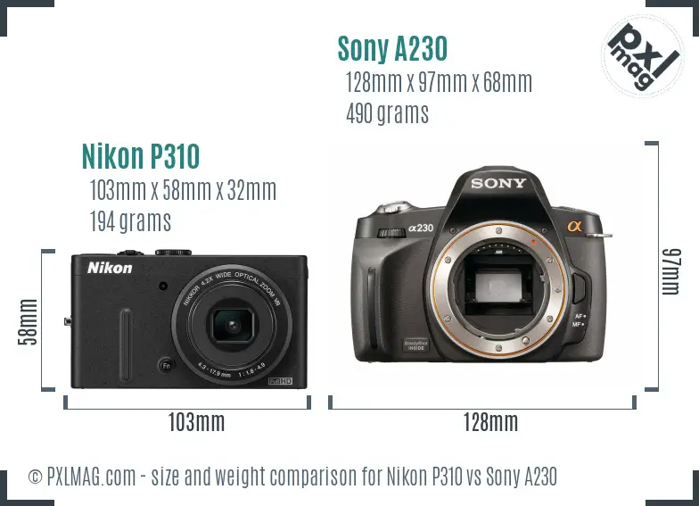 Nikon P310 vs Sony A230 size comparison