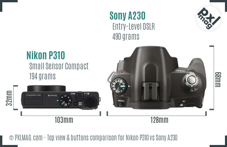 Nikon P310 vs Sony A230 top view buttons comparison