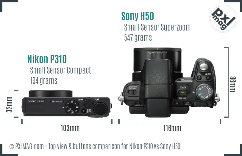 Nikon P310 vs Sony H50 top view buttons comparison Nikon P310 vs Sony H50 top view buttons comparison