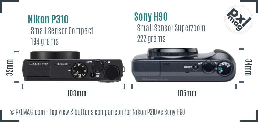 Nikon P310 vs Sony H90 top view buttons comparison