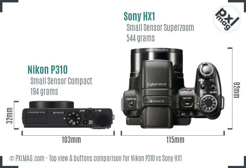 Nikon P310 vs Sony HX1 top view buttons comparison