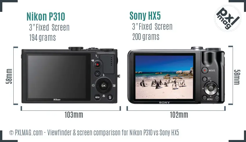 Nikon P310 vs Sony HX5 Screen and Viewfinder comparison