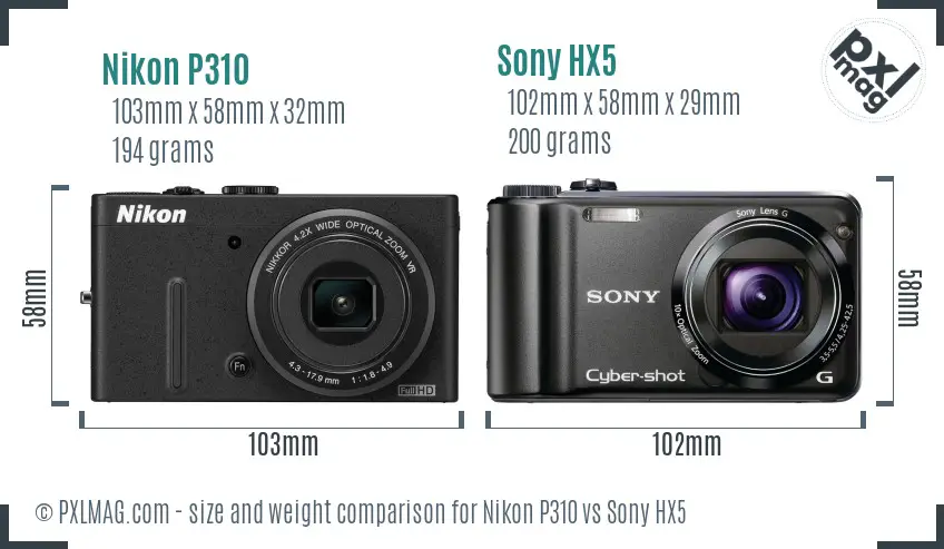 Nikon P310 vs Sony HX5 size comparison