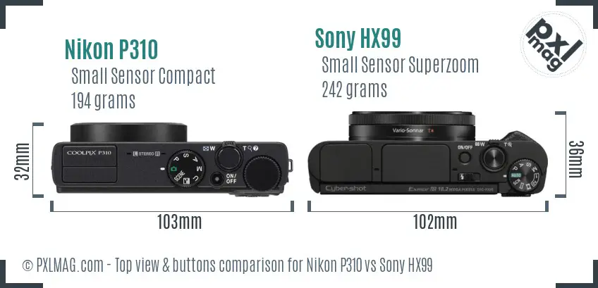 Nikon P310 vs Sony HX99 top view buttons comparison Nikon P310 vs Sony HX99 top view buttons comparison