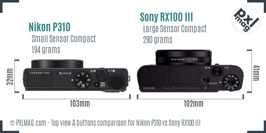 Nikon P310 vs Sony RX100 III top view buttons comparison