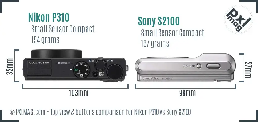 Nikon P310 vs Sony S2100 top view buttons comparison