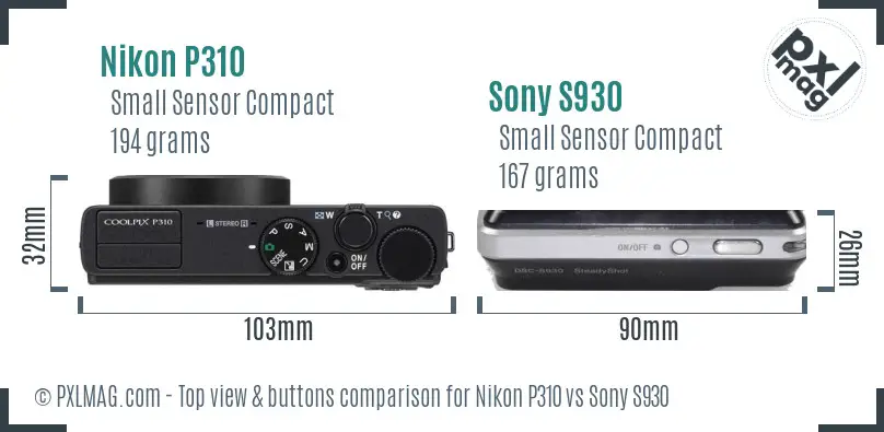 Nikon P310 vs Sony S930 top view buttons comparison
