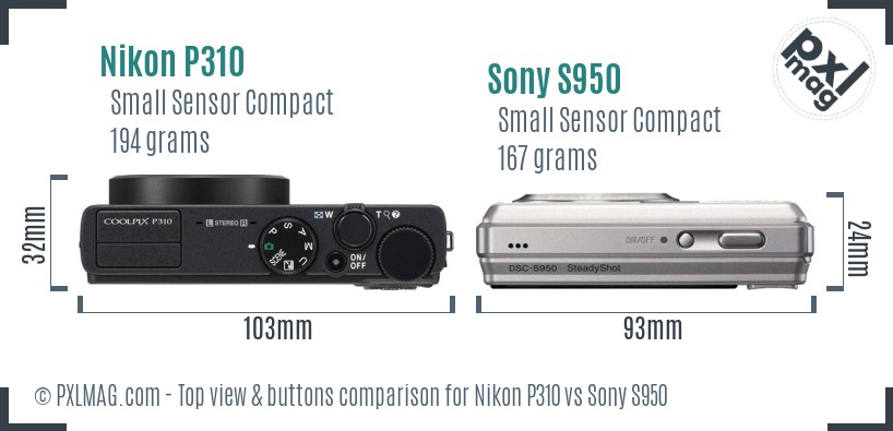 Nikon P310 vs Sony S950 top view buttons comparison