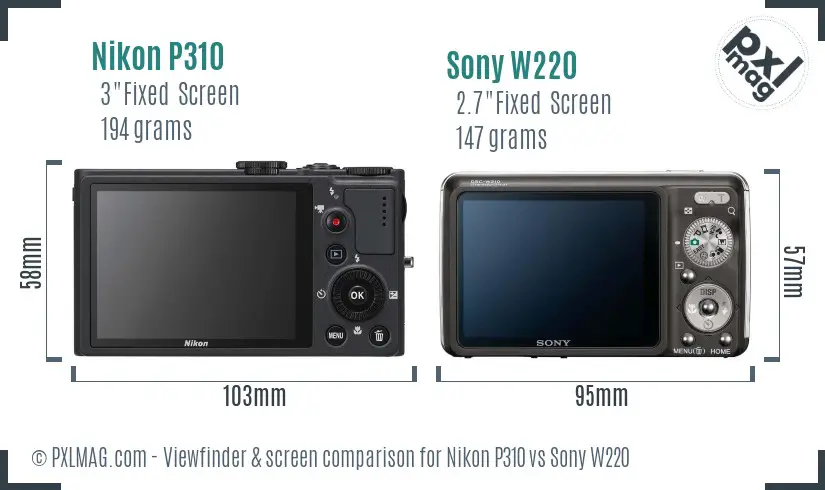 Nikon P310 vs Sony W220 Screen and Viewfinder comparison