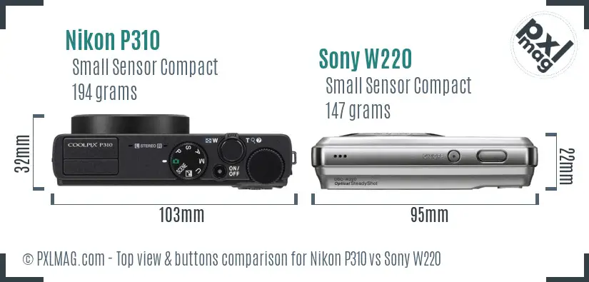 Nikon P310 vs Sony W220 top view buttons comparison