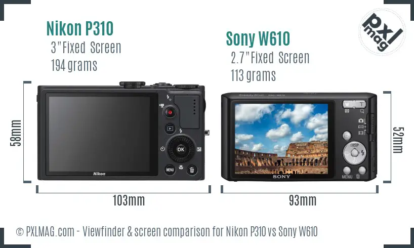 Nikon P310 vs Sony W610 Screen and Viewfinder comparison