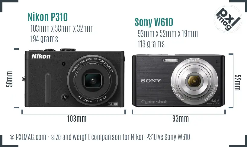 Nikon P310 vs Sony W610 size comparison