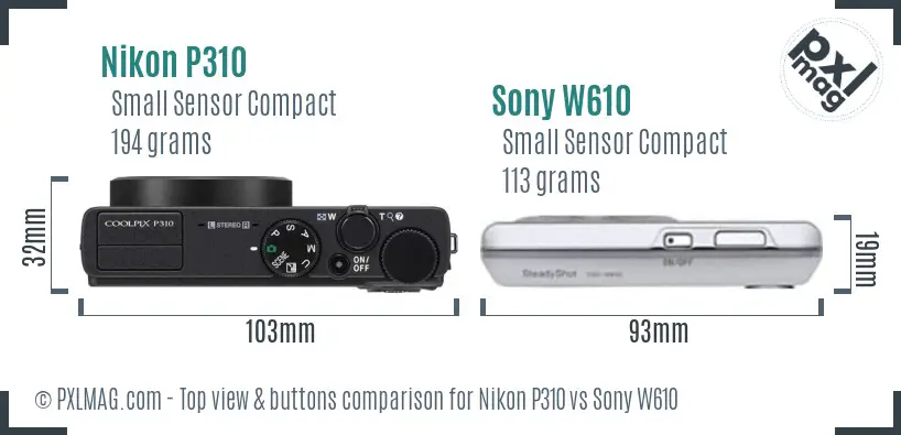Nikon P310 vs Sony W610 top view buttons comparison