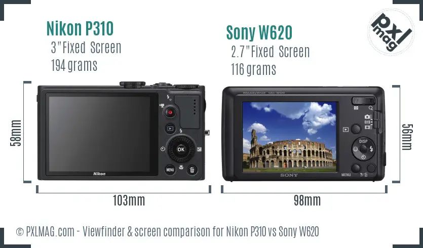 Nikon P310 vs Sony W620 Screen and Viewfinder comparison