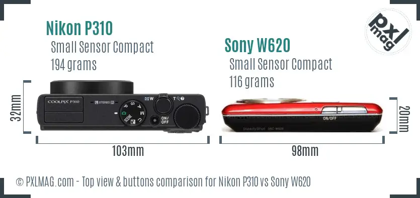 Nikon P310 vs Sony W620 top view buttons comparison