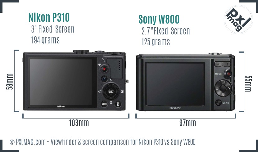 Nikon P310 vs Sony W800 Screen and Viewfinder comparison